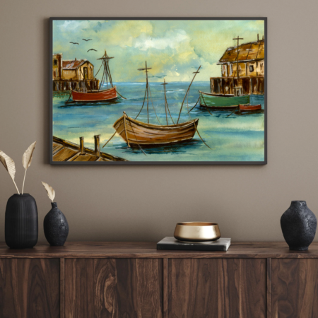 Wooden Boats - Brown Modern Minimal Living Room Horizontal Wall Art Poster Frame Mockup