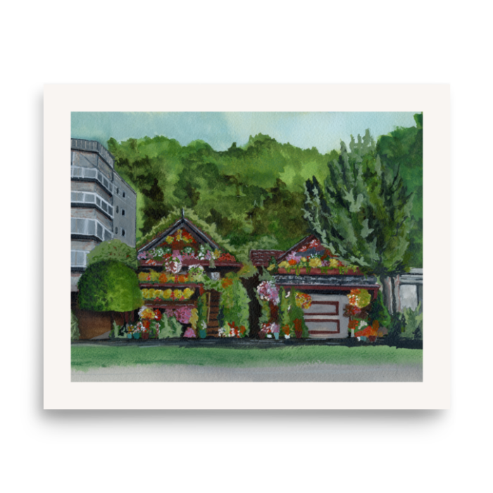 Alki Flower Houses Print by Carrie's Paintings