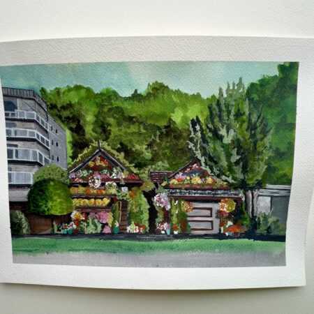 Alki flower houses painting – original watercolor by Carrie Scroggins