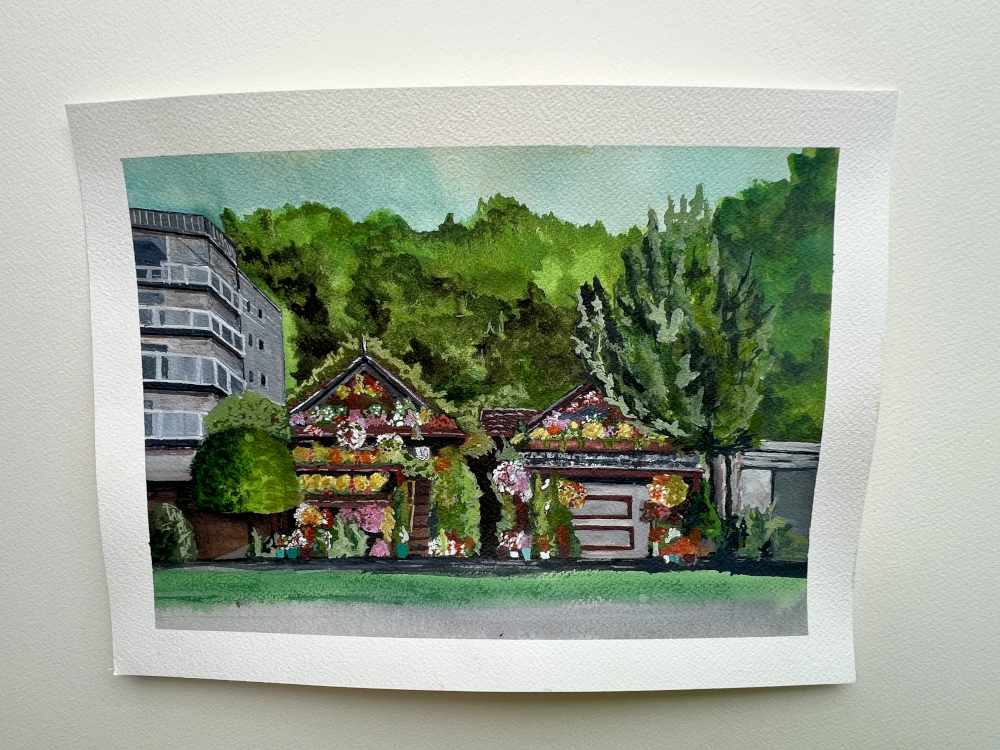 Alki flower houses painting – original watercolor by Carrie Scroggins