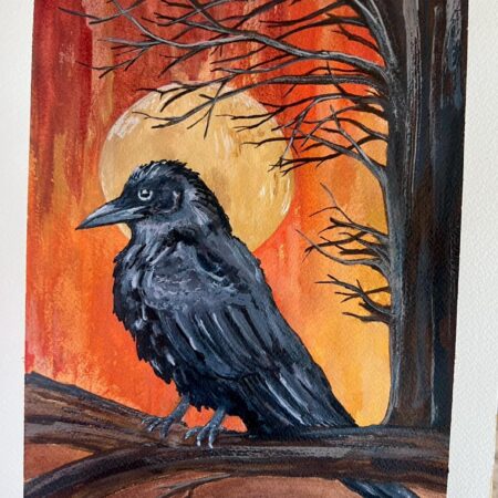 Raven Halloween watercolor painting by Carrie Scroggins – Original witchy artwork