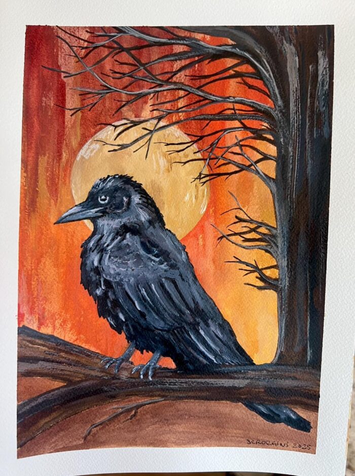 Raven Halloween watercolor painting by Carrie Scroggins – Original witchy artwork