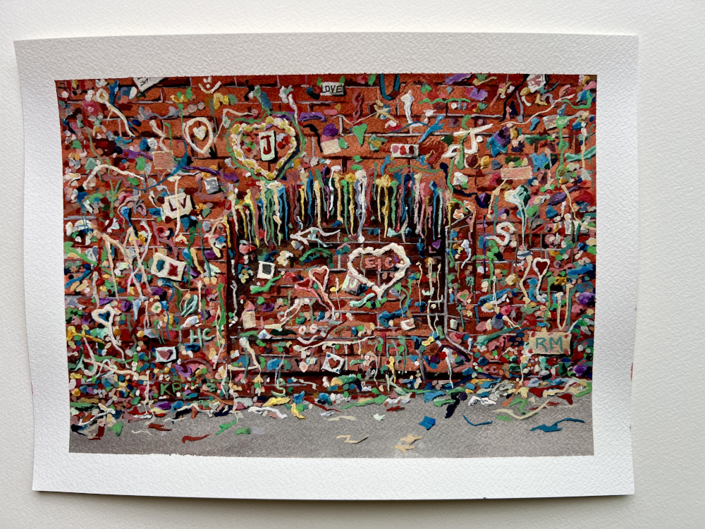 The Gum Wall original watercolor painting by Carrie Scroggins