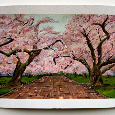 The Quad cherry blossoms painting – original watercolor by Carrie Scroggins