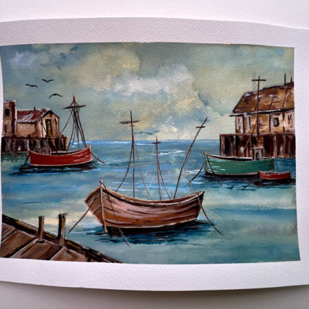 Wooden boat watercolor painting by Carrie Scroggins