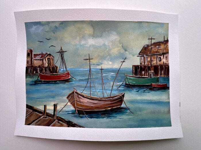 Wooden boat watercolor painting by Carrie Scroggins