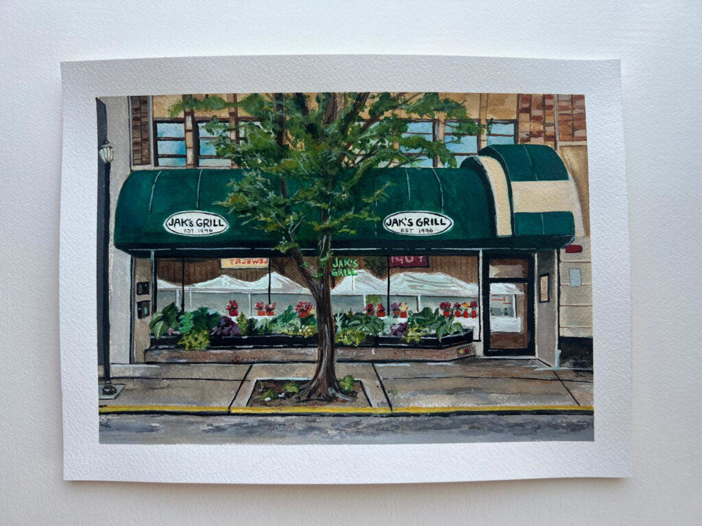 Jak’s Grill watercolor painting by Carrie Scroggins