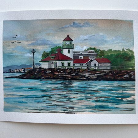 Alki Point Lighthouse watercolor painting by Carrie