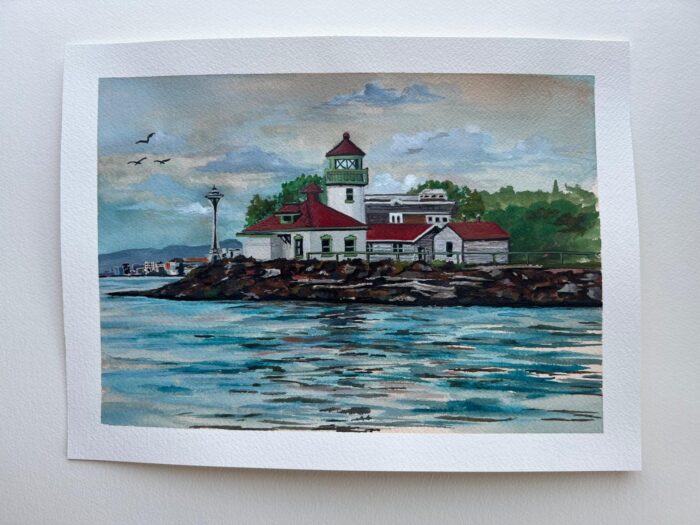 Alki Point Lighthouse watercolor painting by Carrie