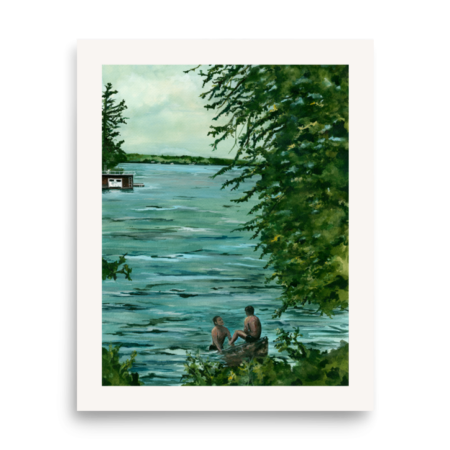 Gimme Kiss watercolor print romantic cottage waterfront scene