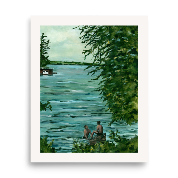 Gimme Kiss watercolor print romantic cottage waterfront scene