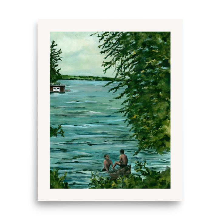 Gimme Kiss watercolor print romantic cottage waterfront scene