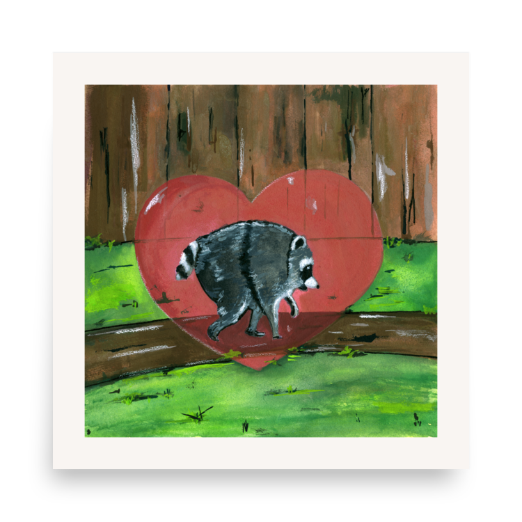 Round raccoon in a red heart, watercolor art print