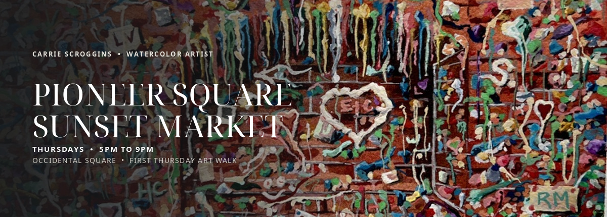 Carrie Scroggins at the Pioneer Square Sunset Market, Thursdays 5pm to 9pm in Occidental Square during the First Thursday Art Walk, with her watercolor painting The Gum Wall